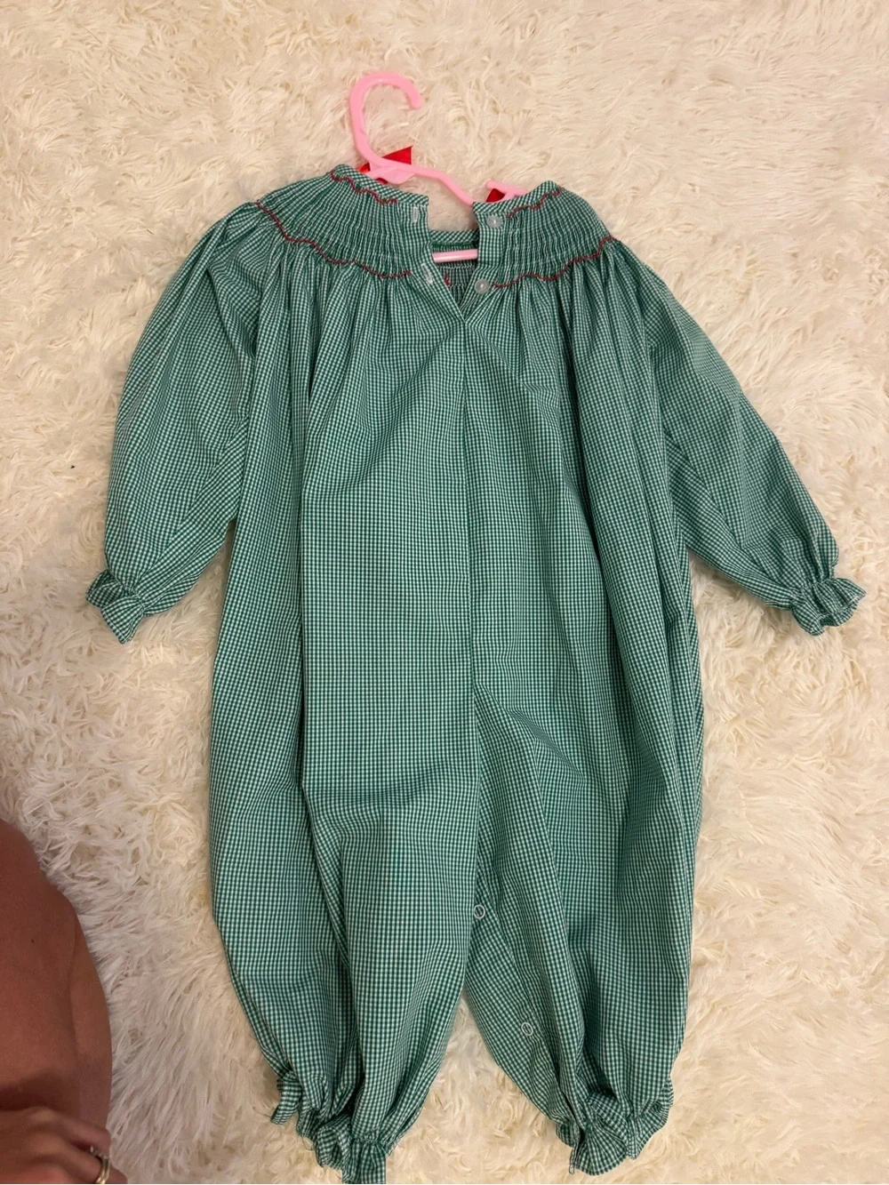 Green Gingham Smocked Baby One-Piece with Red Ribbon